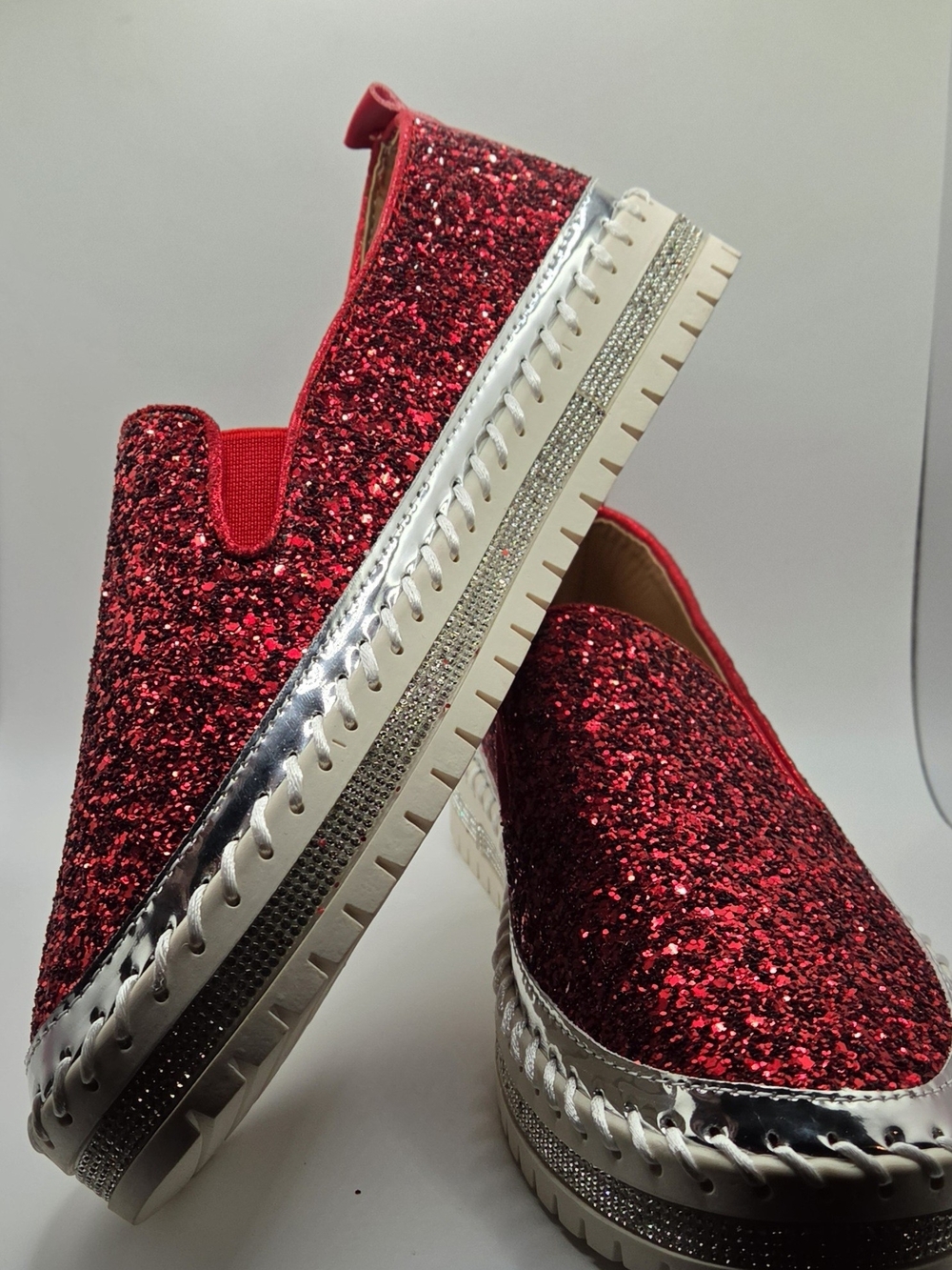 Women’s Red Glitter Slip-On Platform Sneakers